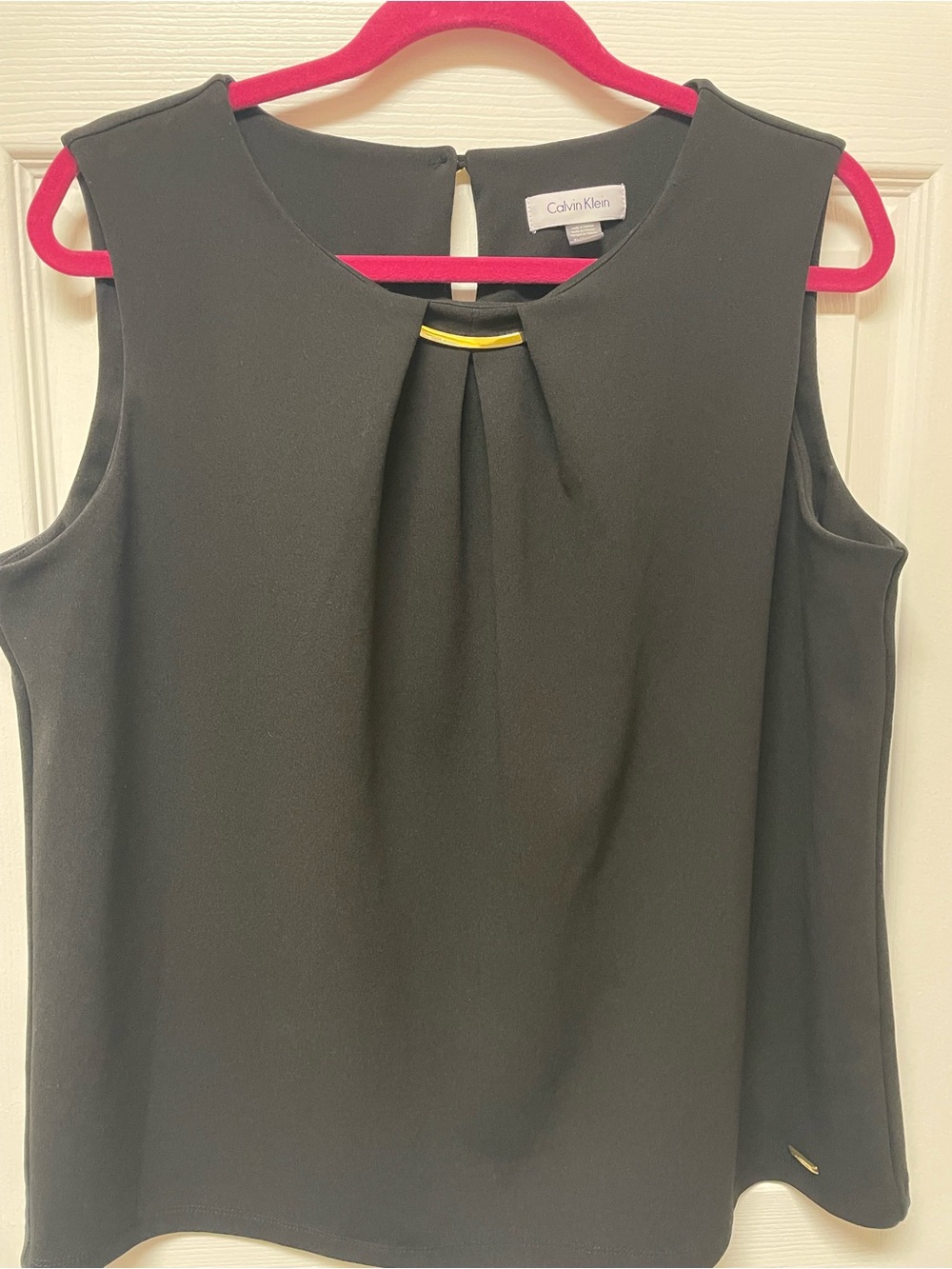 Calvin Klein Black Sleeveless Pleated Neck Top with Yellow Accent